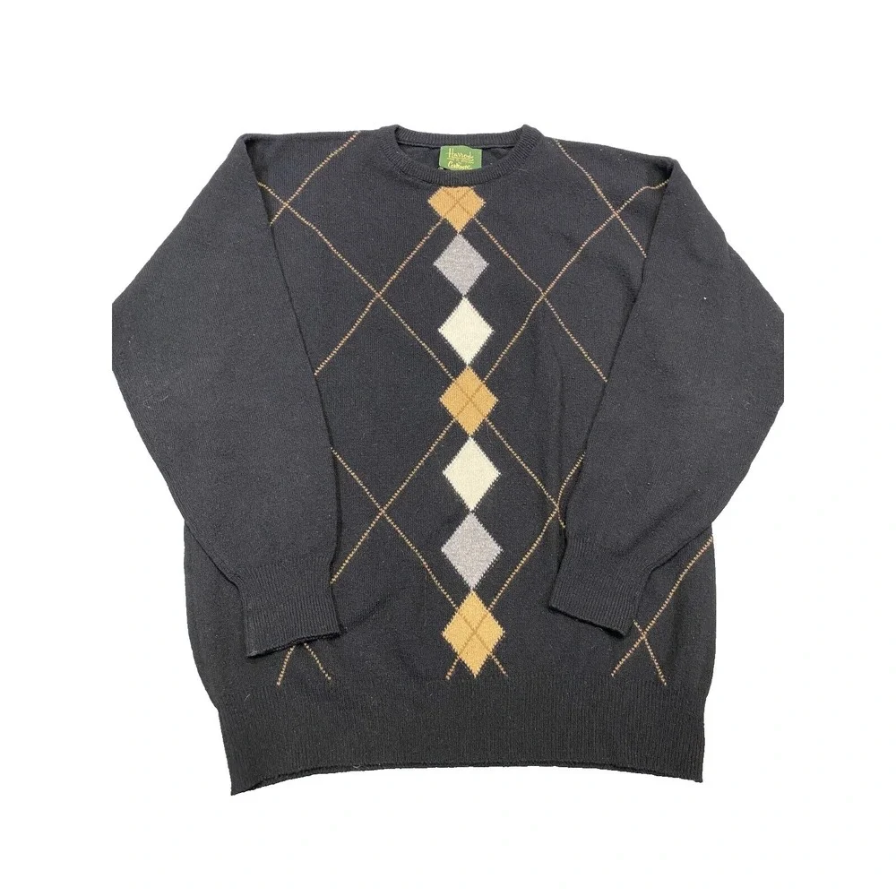Harrods Knightsbridge Sweater Mens Medium Black Knit Wool Argyle Preppy Academia